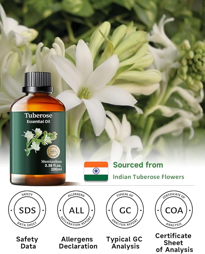 Mumianhua Tuberose Essential Oil 100% Pure Therapeutic Grade Natural Flower Tuberose Oil for Diffuser, Massage, Yoga, Skin,Hair, DIY Perfumes & Fragrance Candle Making Scents 3.38 Fl Oz