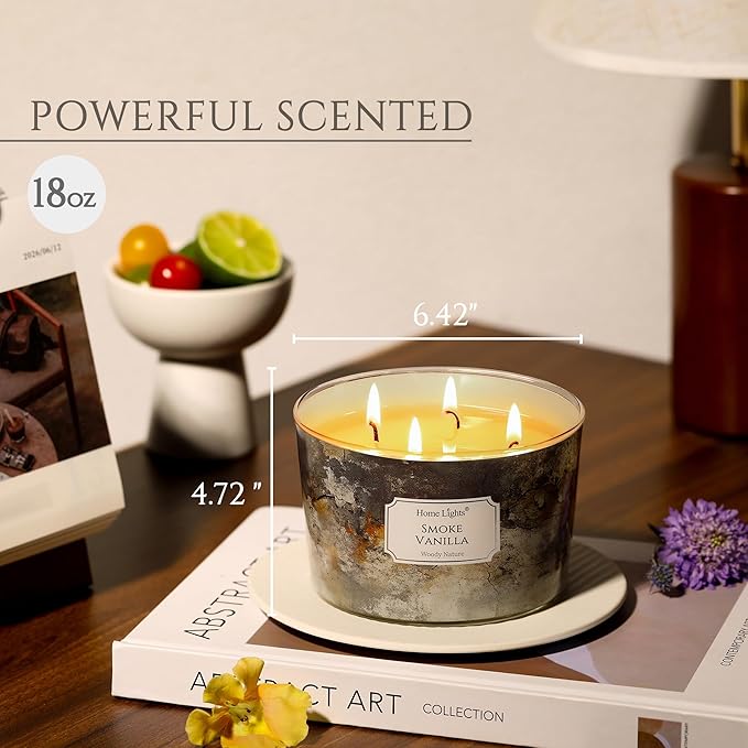 HomeLights Large jar Candle | 4-Wick Long-Lasting Scented Candles, 18oz Natural Soy Wax Candle for Home Scented, Industrial Chic Gifts for Women & Men, Smoke Vanilla
