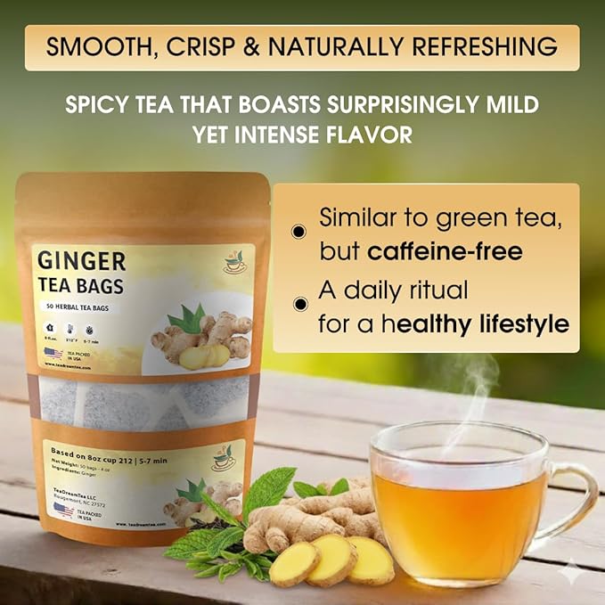 Ginger Tea Bags - 25 Bags - Premium & Spicy Ginger Herbal Tea - Pure Natural Extract Caffeine-Free and Gluten-Free Herbal Tea from Real Flowers for Relaxation with Smooth Taste (25 count)