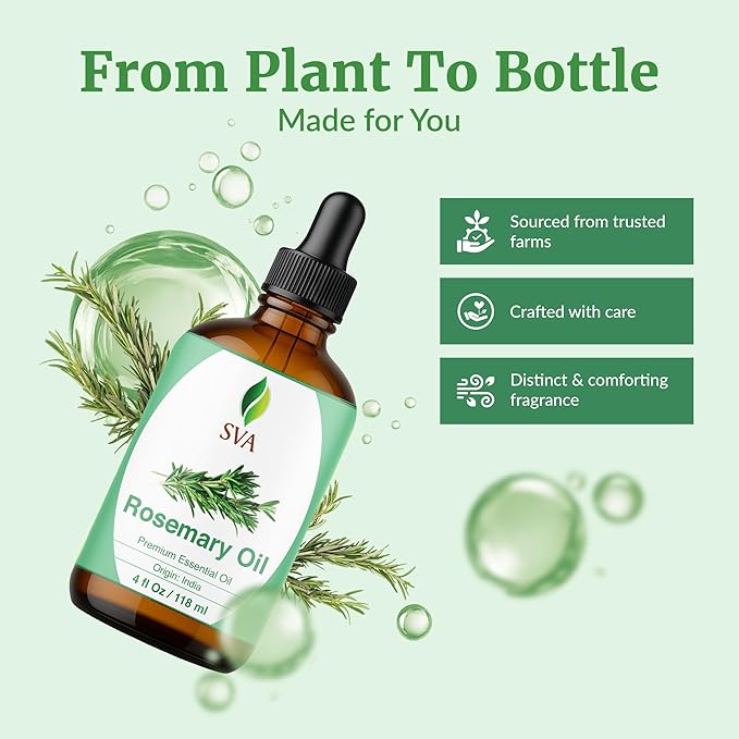 SVA Rosemary Essential Oil – 4 Fl Oz – 100% Natural Rosemary Oil for Hair, Face, Skin Care, Diffuser, Aromatherapy, Scalp, Body Massage, Soap and Candle Making – with Dropper