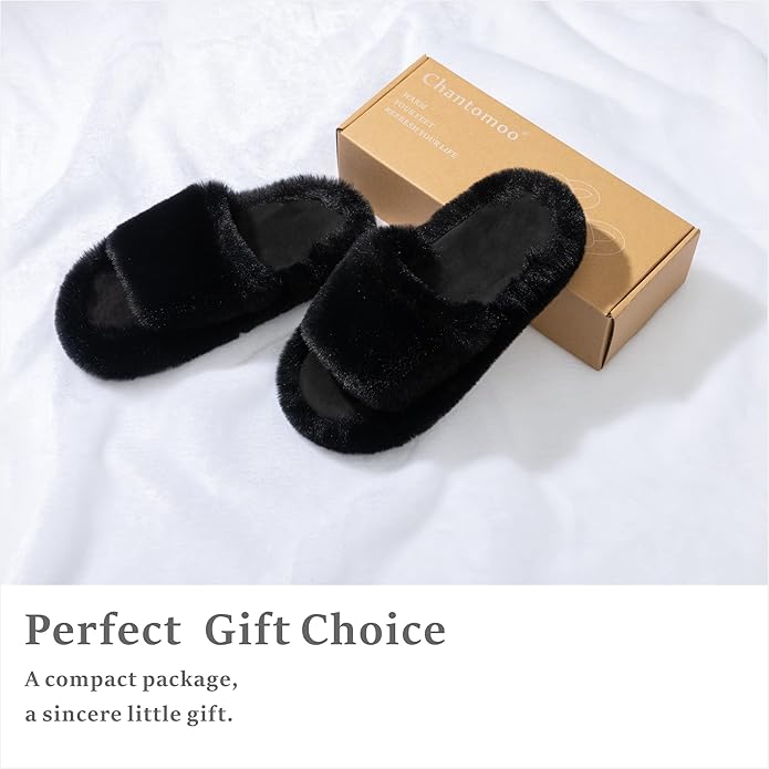 Chantomoo Women's Blue Memory Foam Faux Fur Lined Open Toe Slippers for Women - US 12