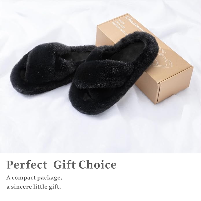 Chantomoo Women's Blue Memory Foam Faux Fur Lined Open Toe Slippers for Women - US 12