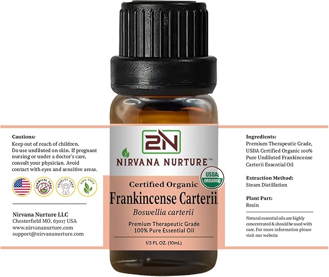 Frankincense Carterii Essential Oil USDA Certified Organic, 100% Pure Natural Premium Grade, Undiluted