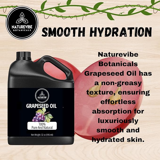 Naturevibe Botanicals Grapeseed Oil 32oz | 100% Pure Cold-Pressed & Lightweight Carrier Oil | Non-Greasy Natural Moisturizer for Skin, Hair, Face, Nails & Massage | Hexane-Free, Fresh & Versatile