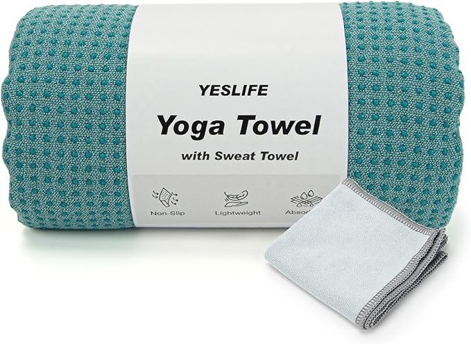 YESLIFE Non-Slip Extra Thick Hot Yoga Towel with One Sweat Towel, Microfiber Sweat Absorbent Yoga Mat Towel with Grip Dot, Pilates Mat, 72" x 24", Cyan