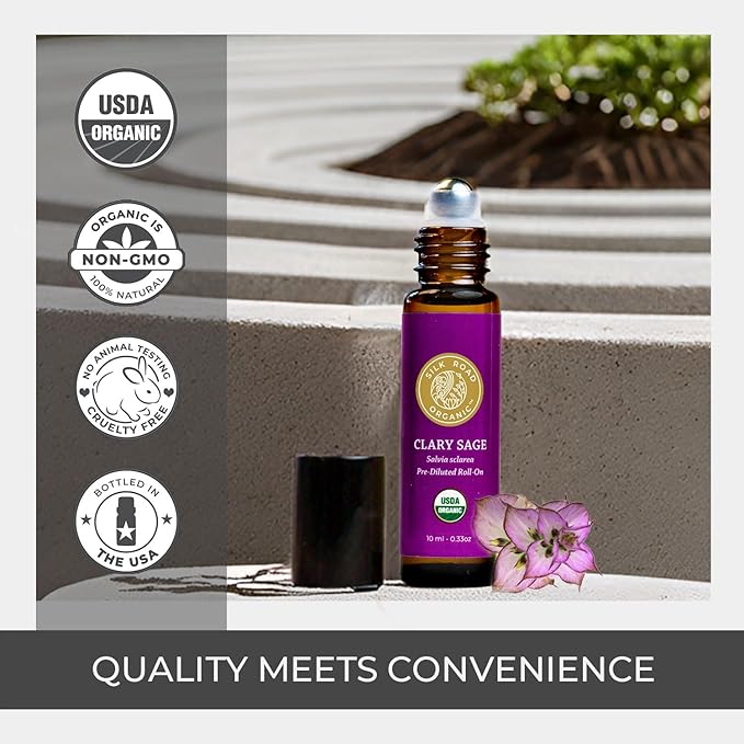 Silk Road Organic Clary Sage Essential Oil Roll On, 100% Pure USDA Certified Aromatherapy for PMS, Stress & Mental Clarity - 10 ml Roller - Always Pure, Always Organic