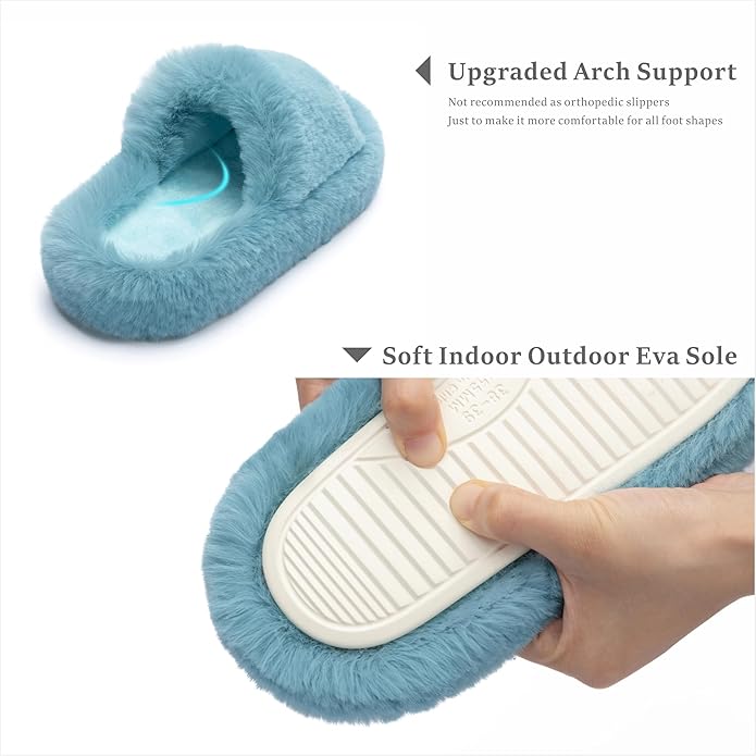 Chantomoo Women's Blue Memory Foam Faux Fur Lined Open Toe Slippers for Women - US 12