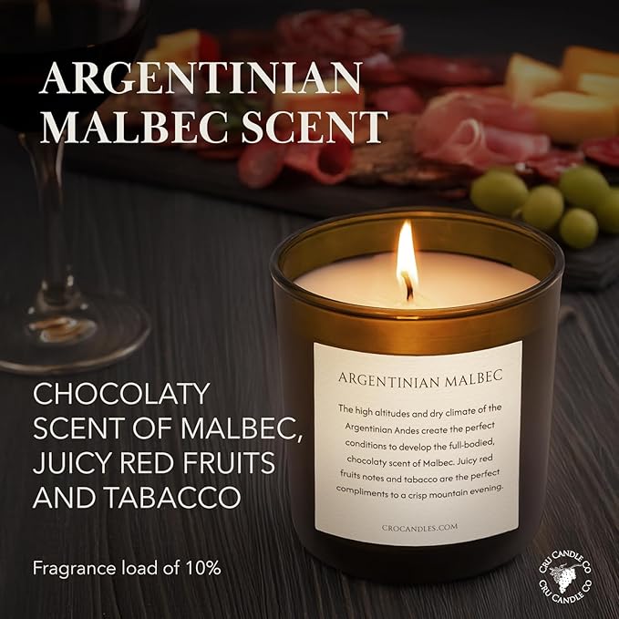 Cru Wine Scented Candles - Argentinian Malbec Scent - Clean Burning, Non Toxic Candle, Luxury Decor Soy Candles for Home Scented, Relaxing Gifts for Women, Aesthetic Soy Candle for Men, Made in USA