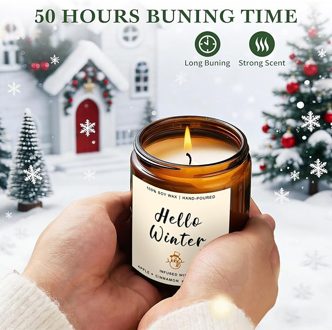 Winter Scented Candle Gift Set for Women – 4 Pack Soy Candles with Apple Cinnamon, Fir Balsam, Mulled Cider, Sandalwood – 200 Hour Burn Time, Holiday Gifts for Her, Home Decor & Cozy Nights