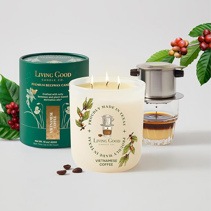 Fresh Robusta Coffee – Pure Beeswax Candle for Men and Women – Non-Toxic Scented Candle for Focus, Clarity & Mood Boosting – 90+ Hour Long Burn – Inspired by Vietnamese Coffee