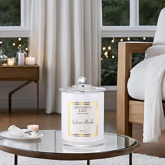 Chloefu LAN Warm Amber Candle, Scented Candles Gifts for Women & Men, Amber Oil, Cotton Wick, Natural Soy Wax for Clean Burning, Luxury Home Decor, Non-Toxic, Glass Jar Candle, 70 Hour Burn, 10 oz
