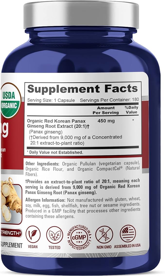 NusaPure Red Korean Panax Ginseng 20:1 Extract, 450 mg Equivalent to 9,000 mg 180 Veggie Caps (USDA Organic, Non-GMO, Vegan, Vegetarian, Bioperine)