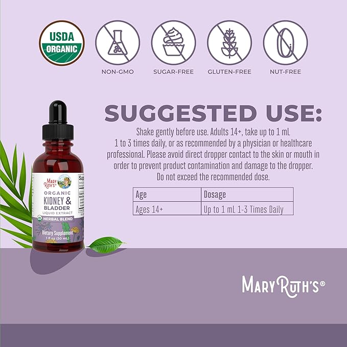 MaryRuth Organics Herbal Supplement Drops | Support Renal & Urinary Systems | Juniper Berry | Cleavers | Dandelion | Hawthorn | Horsetail & Chanca Piedra | Vegan | Non-GMO | 1 Fl Oz