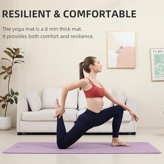 Yoga Mat Extra thick 8mm Exercise mat, Soft Lightweight TPE Fitness Mat with strap, High Elasticity, Anti-fatigue,non-slip mat for Women, Yoga, Camping, Travel, Gym & Outdoor | 72"L x 0.32"Th