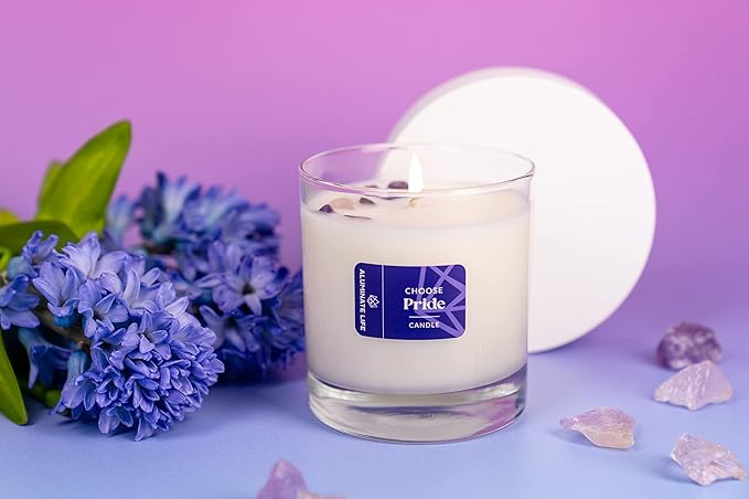 Luxury Glass Jar Candle, 8 OZ, Choose Pride - Amethyst Crystal Infused - Scents of Lilac, Lavender, Cypress & Leather - Confidence, Pleasure, & Self-Respect - Coconut Wax, Essential Oil