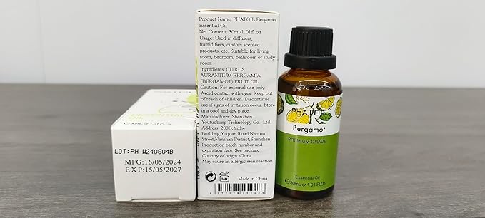 Bergamot Essential Oil 1.01fl.oz/30ml, PHATOIL Bergamot Oils Long Lasting Scents for Aromatherapy, Diffuser, DIY Soap and Candle Making