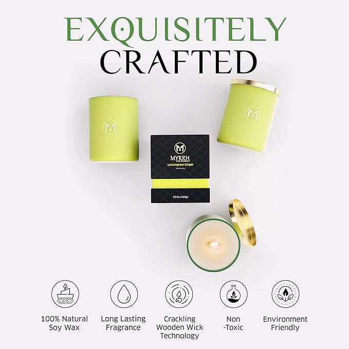 MyrrhUSA Lemongrass Ginger Scented Candle – 15oz Natural Soy Wax with Crackling Wooden Wick & Essential Oil, 80 Hour Burn, Luxury Aromatherapy Candle for Relaxation, Home Décor, Living Room & Bathroom