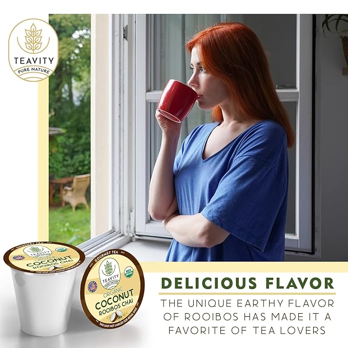 Coconut Rooibos Chai Tea Pods for Keurig - Organic Ginger Tea, Rooibos, Cinnamon, Cardamom, Coconut & Chai by Teavity (12 Tea Pods)