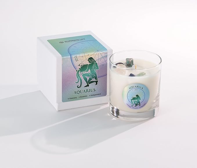 Luxury Glass Jar Candle, Aquarius Zodiac Sign, 8.8 oz - Crystal Infused - Scents of Lemongrass, Jasmine, Black Currant, & Sugar - USA Made, Coconut-Soy Wax, Essential Oil, Dr. Developed