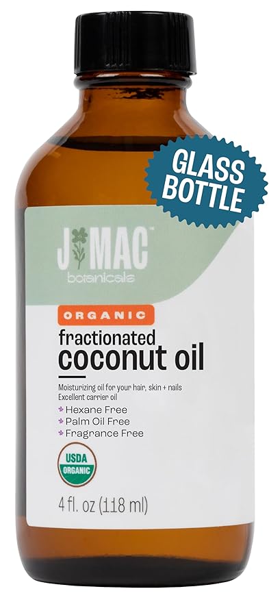 J MAC BOTANICALS Organic Fractionated Coconut Oil (4 oz Glass Bottle) Organic Carrier Oil and moisturizer