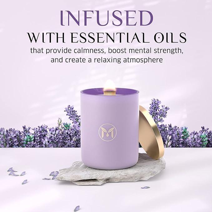 MyrrhUSA Lavender Blossom Scented Candle – 15oz Natural Soy Wax with Crackling Wooden Wick & Essential Oil, 80 Hour Burn | Luxury Aromatherapy Candle for Relaxation, Home Décor, Living Room & Bathroom