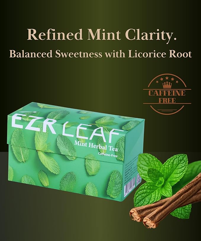 EZR Leaf Mint Herbal Tea, Caffeine Free Decaf, Pyramid Tea Bags 20 Counts 2.1 Once German Peppermint, Lemongrass, Licorice Blend for Relaxation, After-Meal, Bedtime