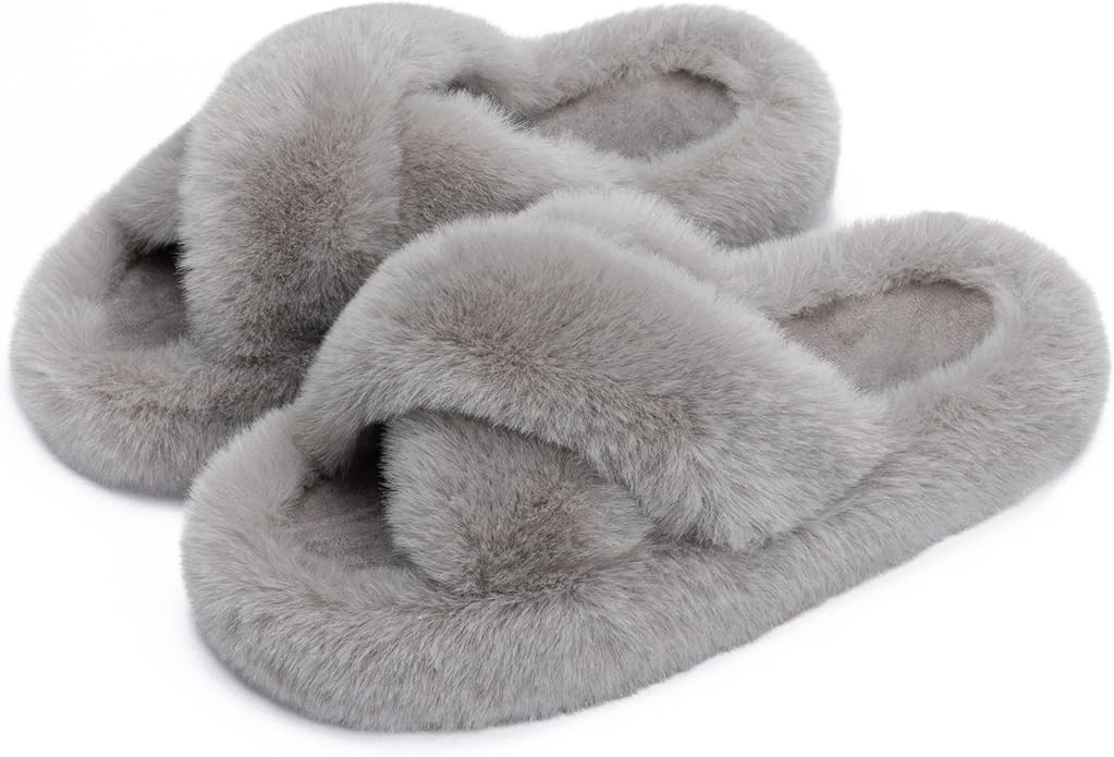 Chantomoo Women's Blue Memory Foam Faux Fur Lined Open Toe Slippers for Women - US 12