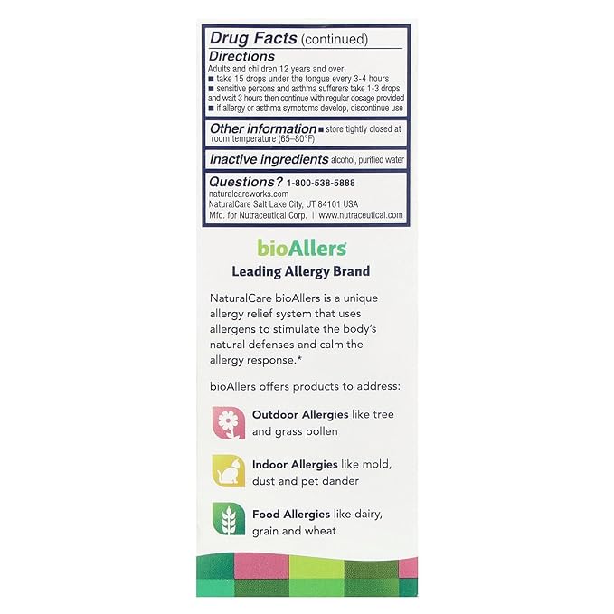 NaturalCare Tree Pollen Homeopathic Liquid Drops by bioAllers, 1 Fl Oz | Cedar Fever | May Help Relieve Sinus Pressure, Congestion, Sneezing, Runny Nose