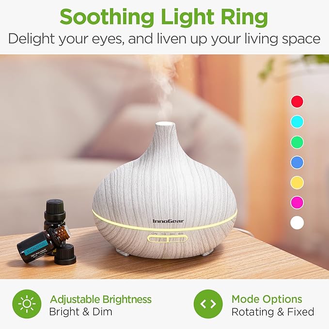 InnoGear Aromatherapy Diffuser & 10 Essential Oils Set, 400ml Diffuser Ultrasonic Diffuser Cool Mist Humidifier with 4 Timers 7 Colors Light Waterless Auto Off for Large Room Office, White Grey