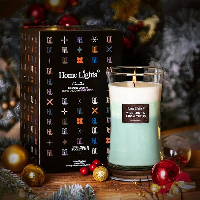 HomeLights 3-Layer Candles for Home Scented, 21.52 OZ Natural Soy Wax Scented Candles Burns Up to 100 Hours, Large Jar, Wild Mint & Eucalyptu