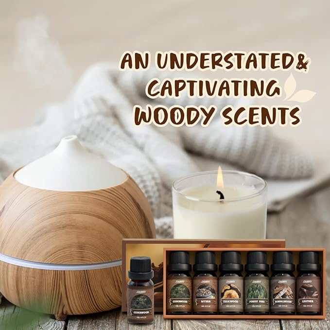SALUBRITO Woody Fragrance Oils Set, Wood Essential Oil Set for Diffuse, Forest Pine, Sandalwood, Leather, Teakwood, Myrrh, Cedarwood Scented Oil for Candle, Soap Making