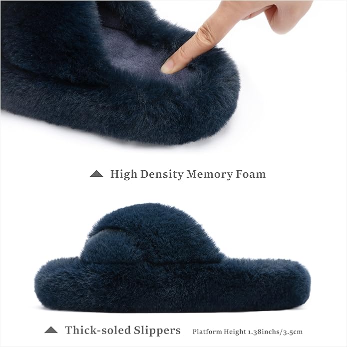 Chantomoo Women's Blue Memory Foam Faux Fur Lined Open Toe Slippers for Women - US 12