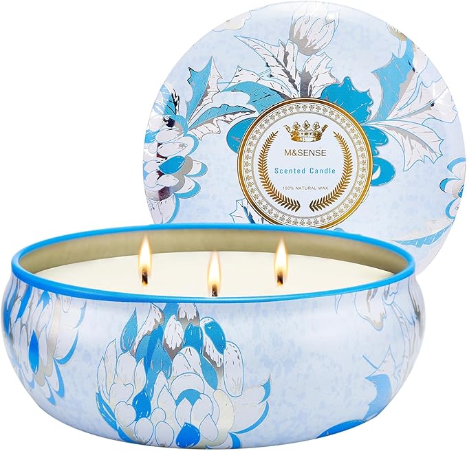 M&SENSE Clean Cotton Scented Candles, Large 3 Wick Soy Tin Candle, Over 40 Hour Burning Time, 100% Natural Vegan Wax, Relaxing Aromatherapy Aesthetic Candle Gift for Women and Men