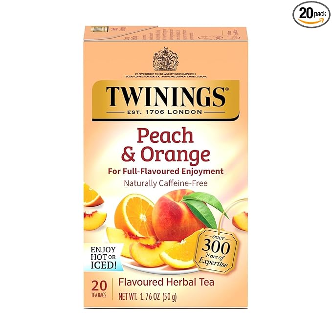 Twinings Peach & Orange Herbal Tea Individually Wrapped Bags, 20 Count (Pack of 1), Juicy & Fruity, Naturally Caffeine-Free, Enjoy Hot or Iced, 20 Teabags