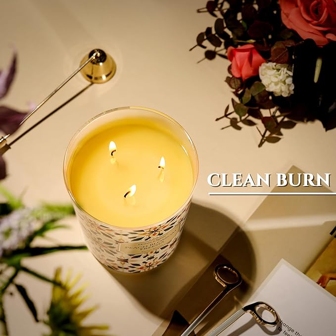 HomeLights Scented Candles | Large Jar 34 Oz Natural Soy Candle | 130 hrs Long-Lasting with 3 Wicks | Bohemian Natural for Home Decor | Gifts for Mom & Women, Peach Blossom Freesia