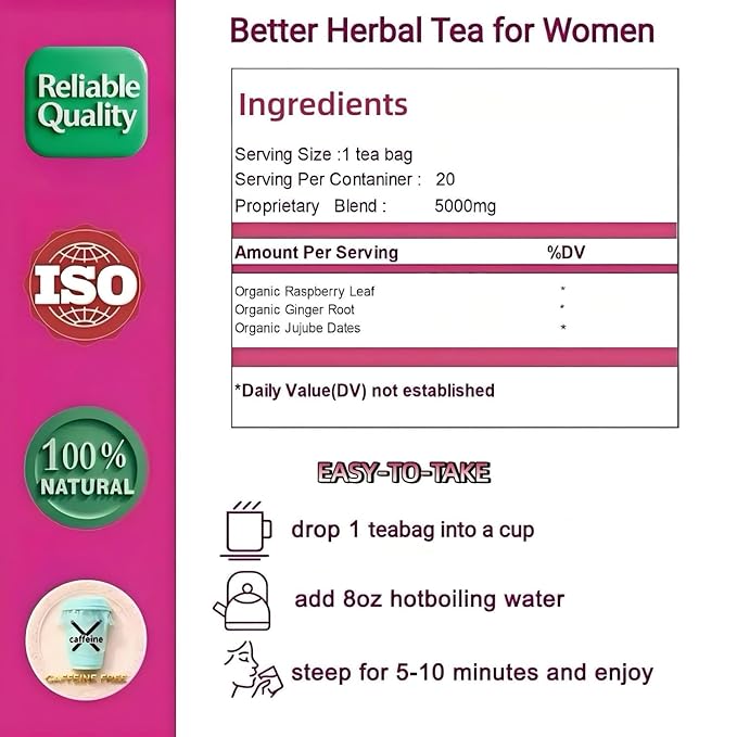 Gerduck Raspberry Leaf & Ginger Tea for Women with Jujube Red Dates-Sweet & Spicy,Traditional Herbal Tea, Postpartum Essentials,Organic,Caffeine Free,Non-GMO,20 Tea Bags
