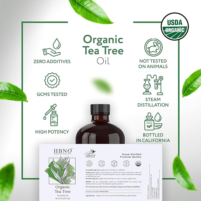 HBNO Organic Tea Tree Oil - Huge 16 oz (475ml) Large Size - Ideal for Diffusers, Cleaning Agents, Deodorizers, and Flavoring Agents.