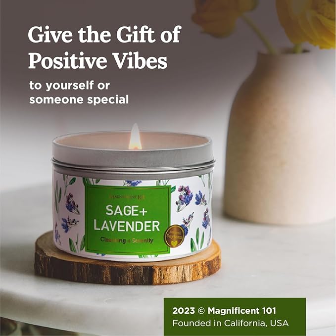 MAGNIFICENT 101 Sage & Lavender Aromatherapy Smudge Candle - 6 Oz - 35-Hour Burn Soy Wax - Energy Cleansing & Manifestation - Spiritual Decor & Meditation Accessories - Spiritual Gift for Women