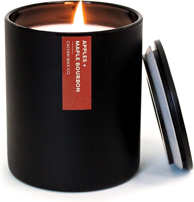Calyan Wax Co. Apples & Maple Bourbon Scented Candle - 75 Hour Burn - Luxury Non Toxic Soy Wax Candles - Long Lasting Black Tumbler Jar Candle for Home - 10.2oz