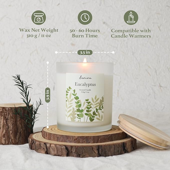 Eucalyptus Scented Candle, 11oz 60 Hour Burn, Natural Soy Wax with Thick Cotton Wick, Highly Scented Aromatherapy Candle for Stress Relief & Meditation, Gifts for Women & Men