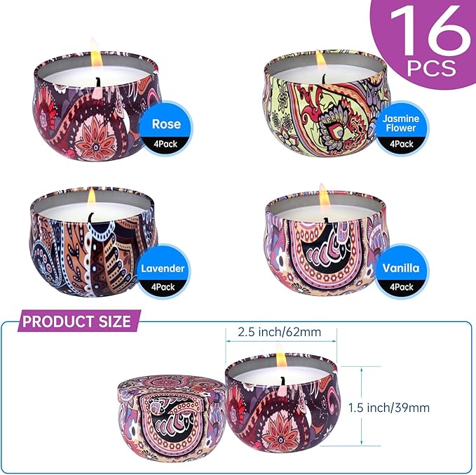 16 Pack Scented Candles Gift Set, Natural Soy Wax Travel Tin Candles for Home Scented, Ideal for Christmas, Birthday, Thanksgiving, Valentines Day Gifts