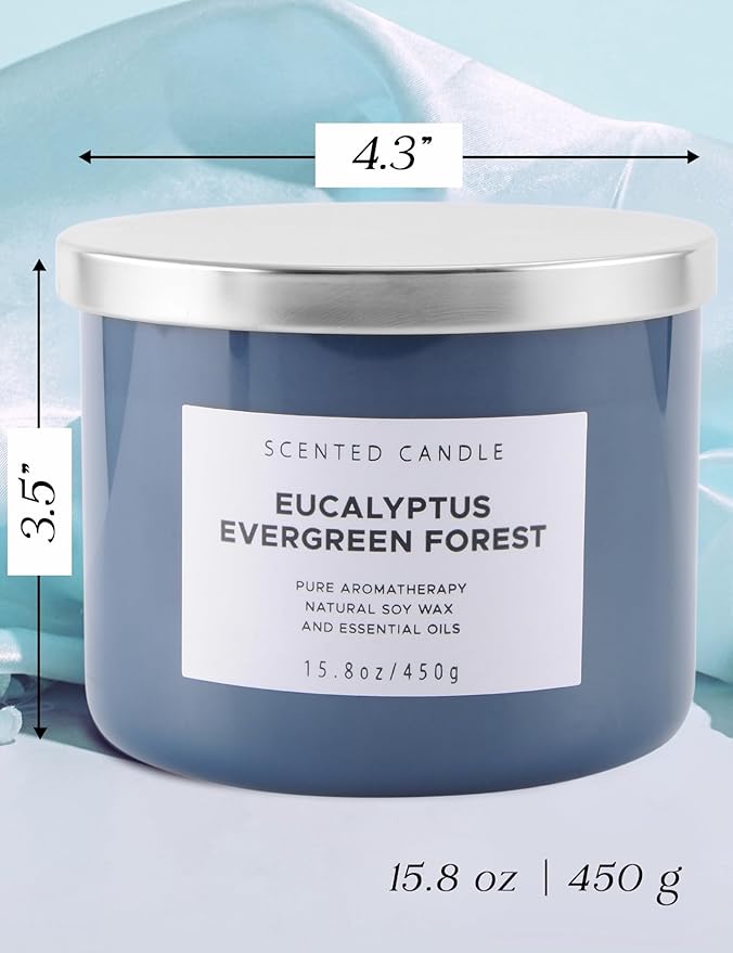 Eucalyptus Evergreen Forest 3-Wick Soy Candle, 15.8 oz | Winter Pine, Balsam Fir & Evergreen Scented Candle | Woodsy Aromatherapy Candle for Home | Clean Burn, Long-Lasting