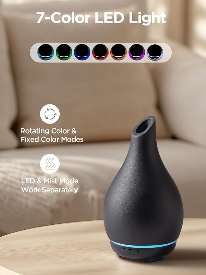 InnoGear Essential Oil Diffuser, 150ml Ceramic Diffuser Handcrafted Stone Aromatherapy Diffusers Ultrasonic Cool Mist Humidifier Vaporizer 2 Mist Modes Waterless for Home, Black Vase-Shaped Ceramic