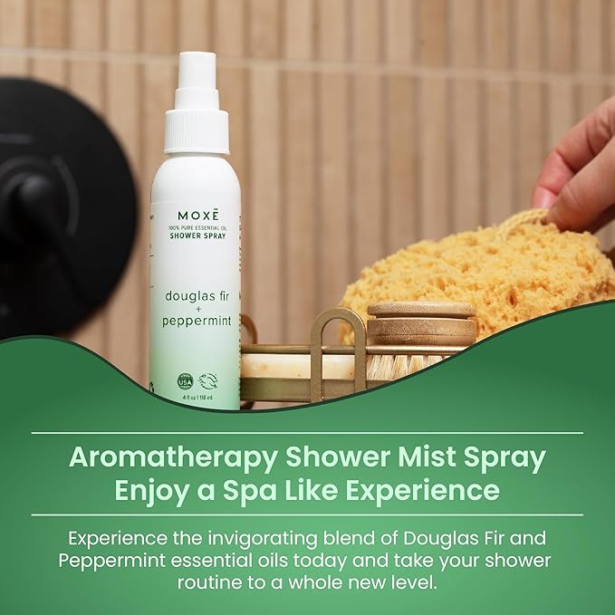 MOXE Aromatherapy Shower Spray - Douglas Fir & Peppermint, 100% Essential Oils, Made in USA, Aromatherapy, Sinus Congestion Relief, Respiratory Support, 4 Oz (1 Pack)