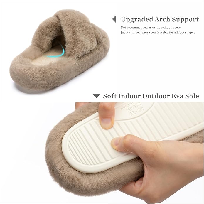 Chantomoo Women's Blue Memory Foam Faux Fur Lined Open Toe Slippers for Women - US 12
