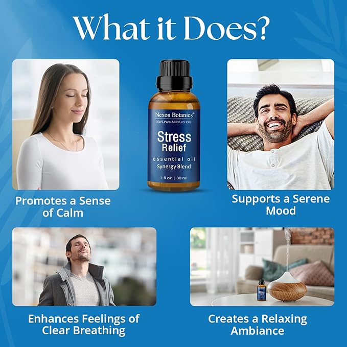 Stress Relief Essential Oil Blend 30 ml - Stress Relief & Calm Essential Oil for Diffusers & Aromatherapy - Promotes Relaxation & Rest - Nexon Botanics