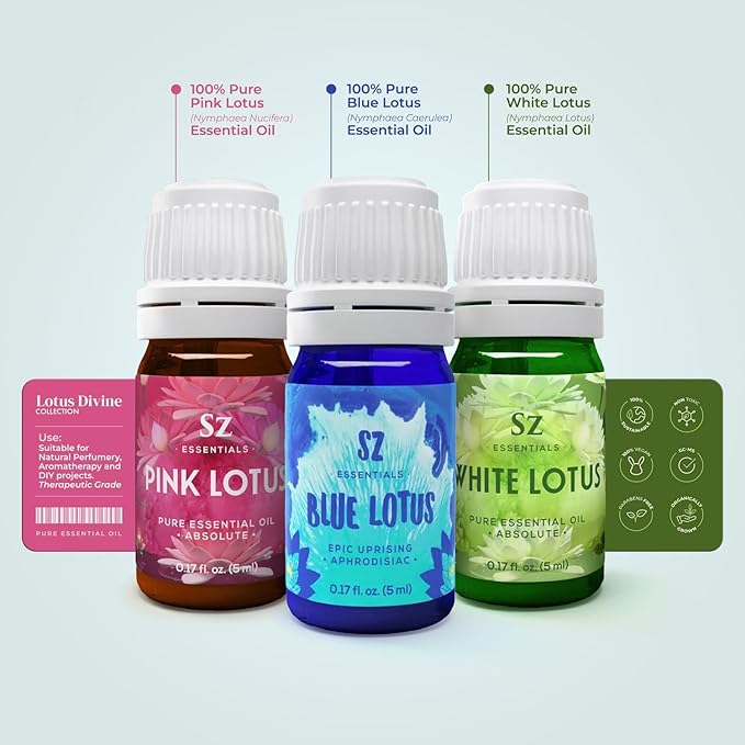 Lotus Divine Essential Oil Collection - Blue, Pink, White Lotus - Set of 3 Bottles (0.17 Fl Oz - 5ml Each) - 100% Pure, Natural & Undiluted - Therapeutic Grade & Vegan