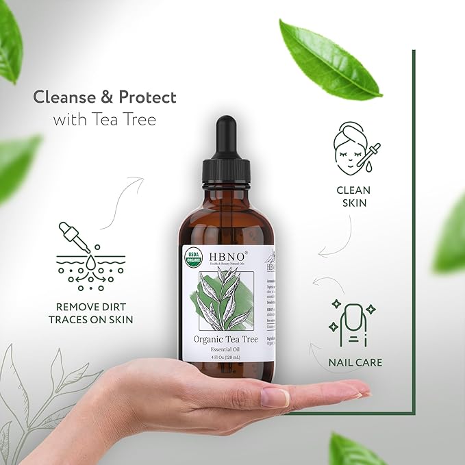 HBNO California Bottled Organic Tea Tree Oil for Skin & Hair - 4 fl oz (120ml) - USDA Certified Organic Tea Tree Oil for Aromatherapy