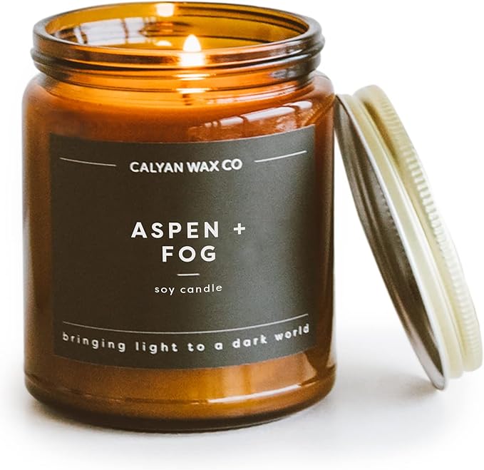 Calyan Wax Co. Aspen & Fog Scented Candle - 57 Hour Burn - Luxury Non Toxic Soy Wax Candles - Long Lasting Amber Glass Jar Candle for Home - 7.2oz