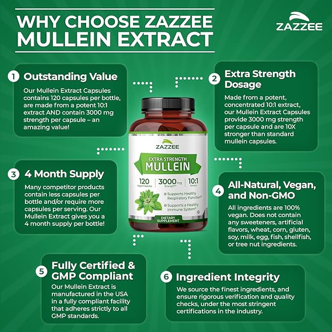 Zazzee Extra Strength Mullein 10:1 Extract, 3000 mg Strength, 120 Vegan Capsules, 4 Month Supply, Standardized 10X Extract, 100% Pure Leaf Powder, All-Natural and Non-GMO, Made in The USA